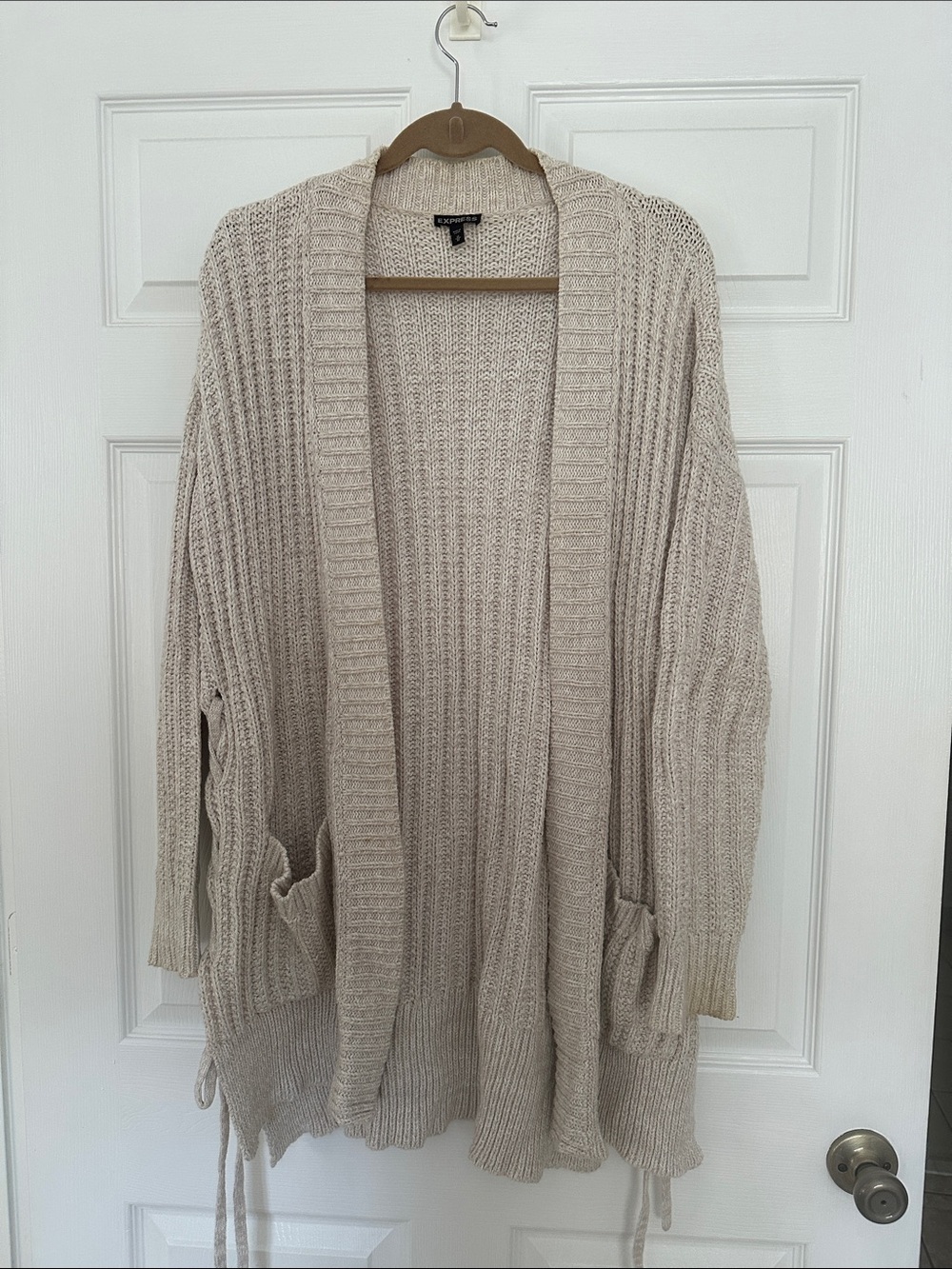 Express Light Beige Open-Front Ribbed Cardigan